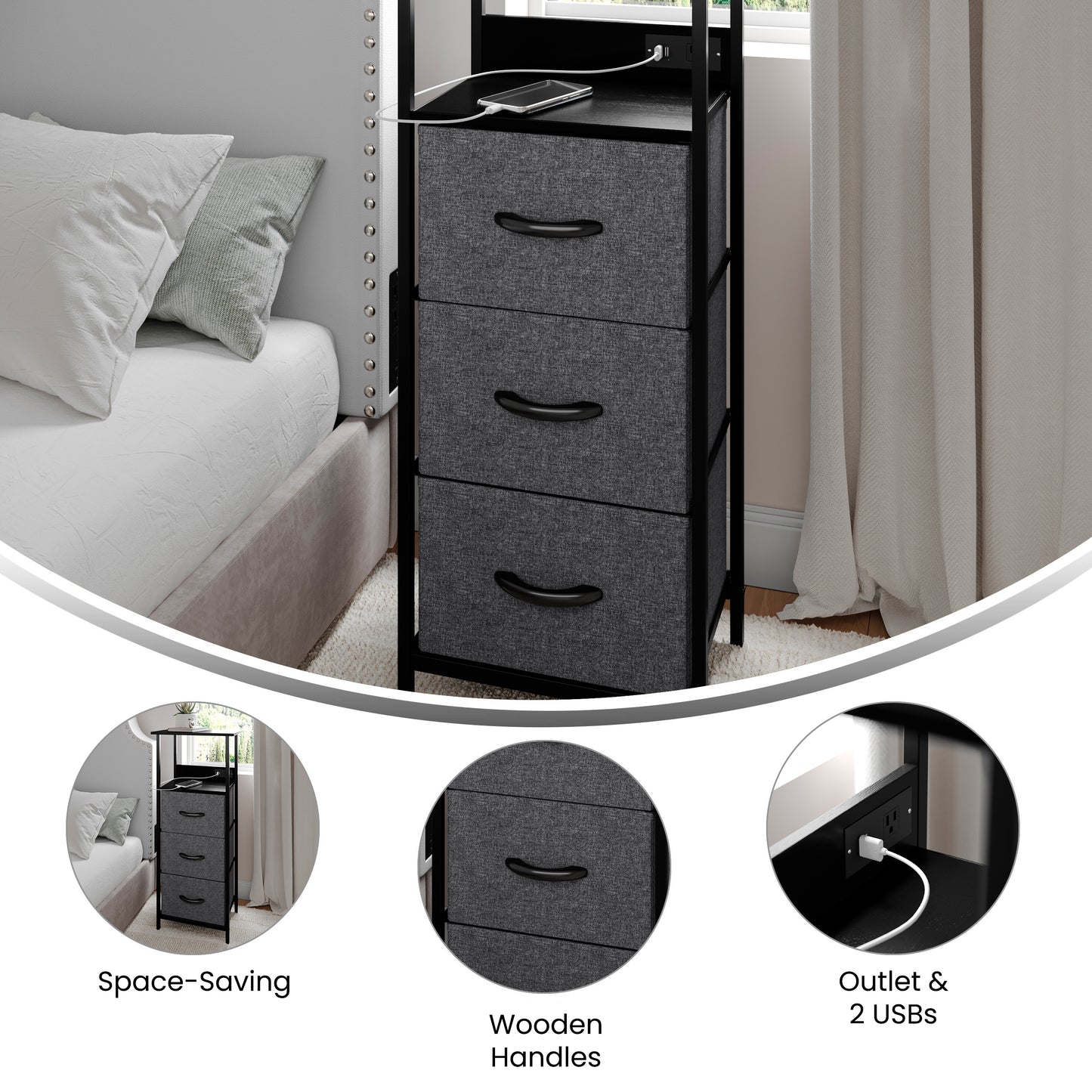 Sodano 3 Drawer Nightstand with Charging Station, 2 USB Ports, 1 Outlet, Black Metal Frame, Black Engineered Wood Top, Charcoal Drawers, Black Handles Charcoal Drawers/Black Frame
