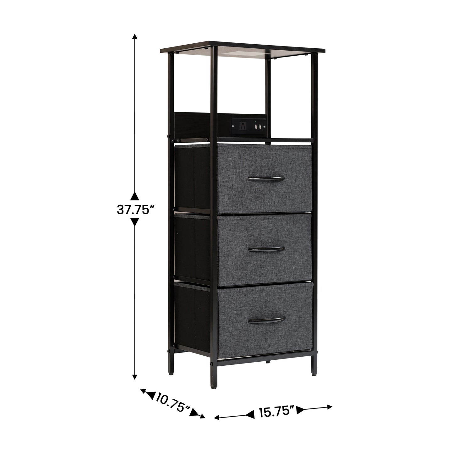 Sodano 3 Drawer Nightstand with Charging Station, 2 USB Ports, 1 Outlet, Black Metal Frame, Black Engineered Wood Top, Charcoal Drawers, Black Handles Charcoal Drawers/Black Frame
