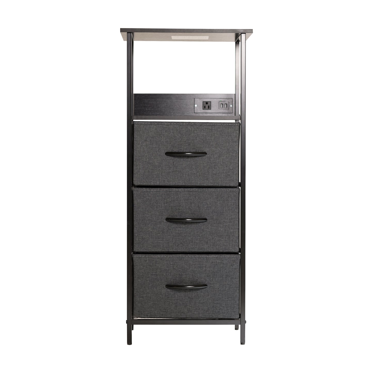 Sodano 3 Drawer Nightstand with Charging Station, 2 USB Ports, 1 Outlet, Black Metal Frame, Black Engineered Wood Top, Charcoal Drawers, Black Handles Charcoal Drawers/Black Frame
