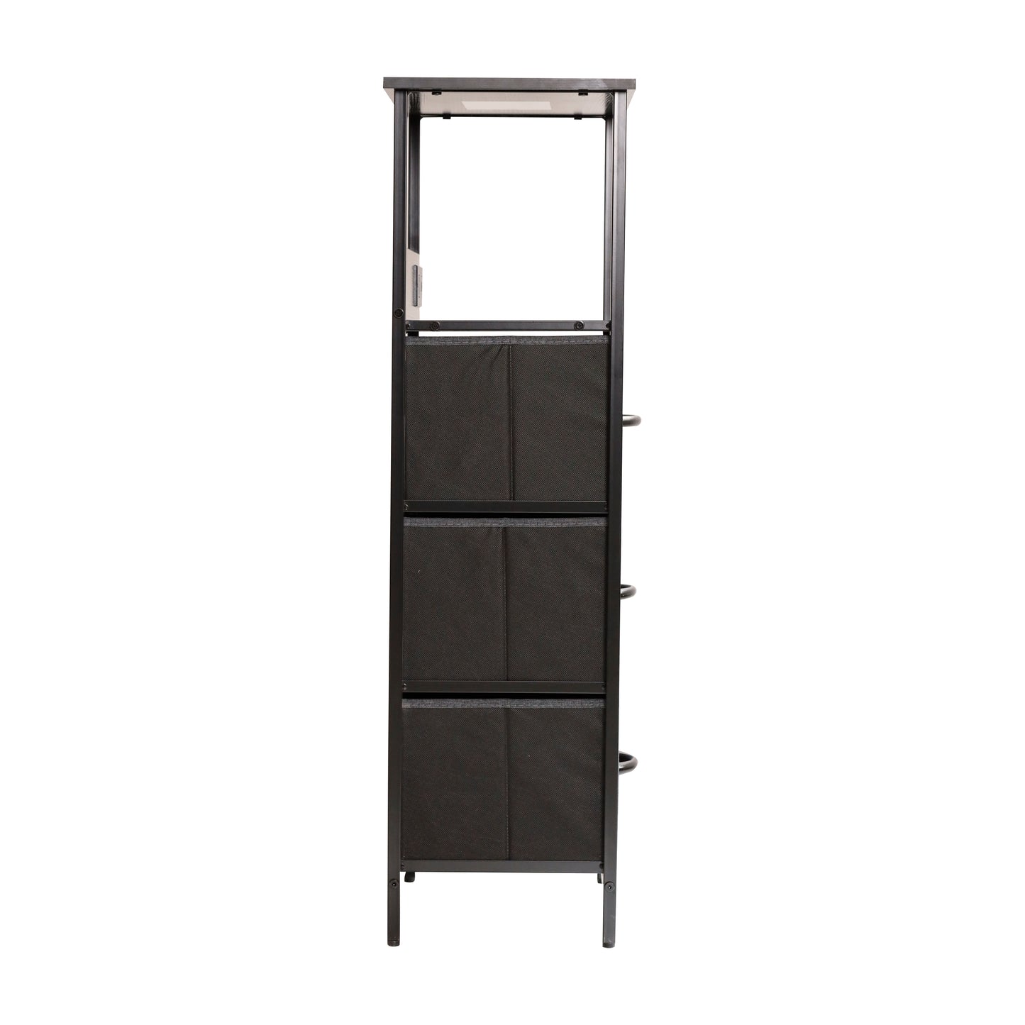 Sodano 3 Drawer Nightstand with Charging Station, 2 USB Ports, 1 Outlet, Black Metal Frame, Black Engineered Wood Top, Charcoal Drawers, Black Handles Charcoal Drawers/Black Frame