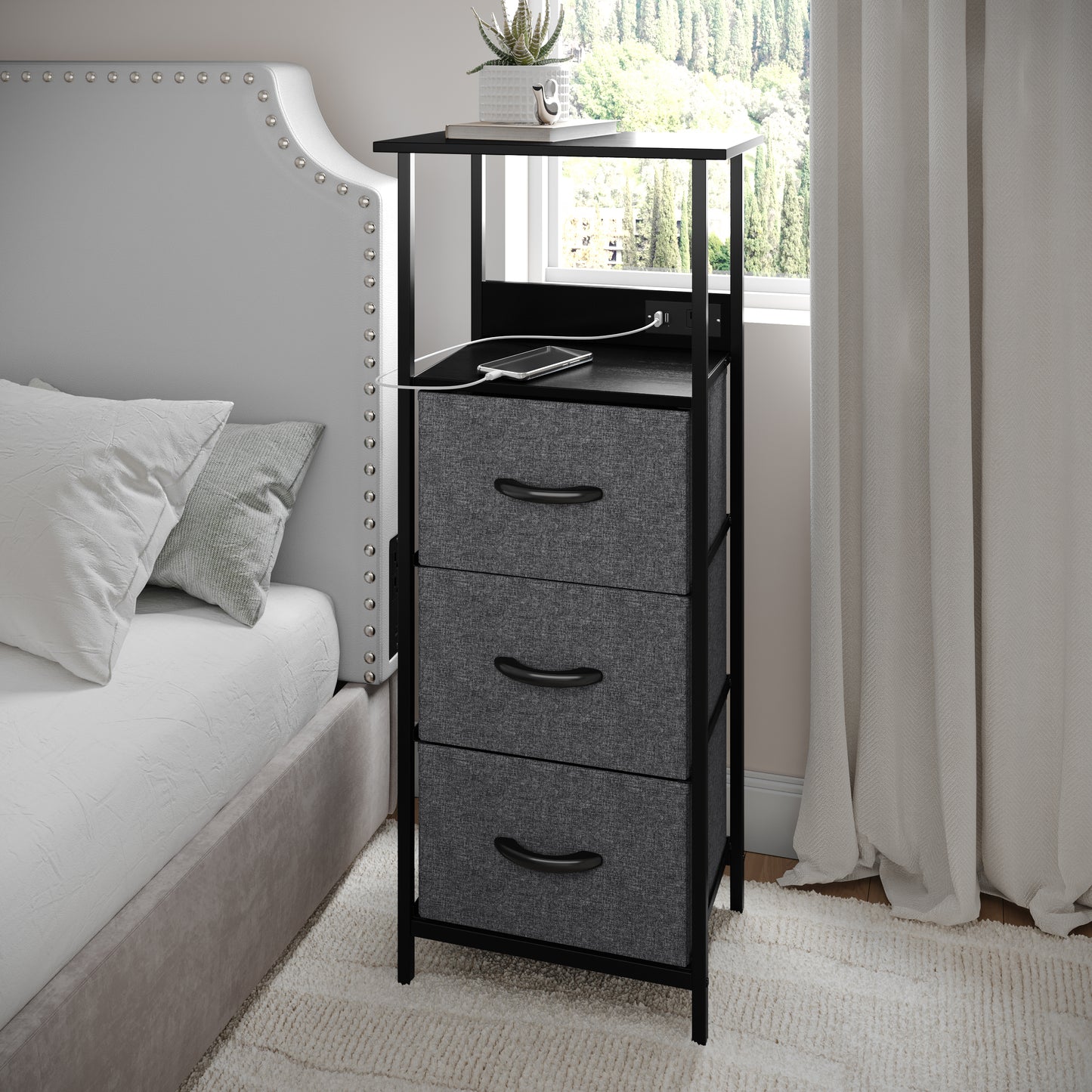 Sodano 3 Drawer Nightstand with Charging Station, 2 USB Ports, 1 Outlet, Black Metal Frame, Black Engineered Wood Top, Charcoal Drawers, Black Handles Charcoal Drawers/Black Frame
