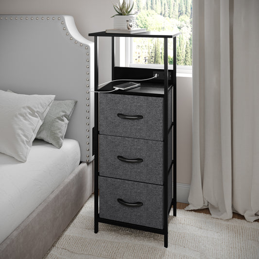Sodano 3 Drawer Nightstand with Charging Station, 2 USB Ports, 1 Outlet, Black Metal Frame, Black Engineered Wood Top, Charcoal Drawers, Black Handles Charcoal Drawers/Black Frame