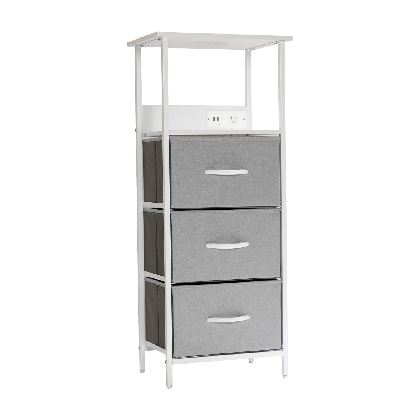 Sodano 3 Drawer Nightstand with Charging Station, 2 USB Ports, 1 Outlet, White Metal Frame, White Engineered Wood Top, Gray Drawers, White Handles Gray Drawers/White Frame