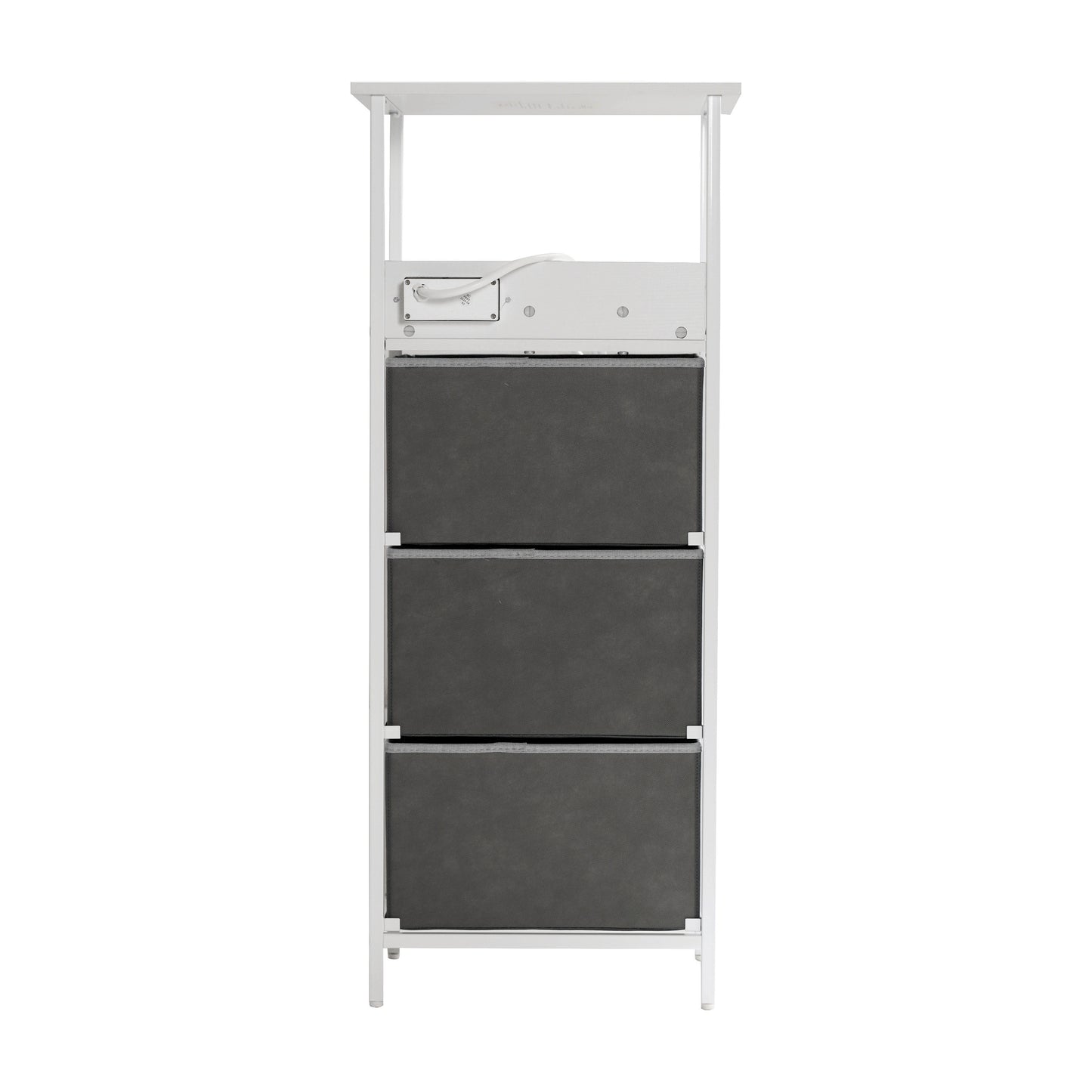 Sodano 3 Drawer Nightstand with Charging Station, 2 USB Ports, 1 Outlet, White Metal Frame, White Engineered Wood Top, Gray Drawers, White Handles Gray Drawers/White Frame