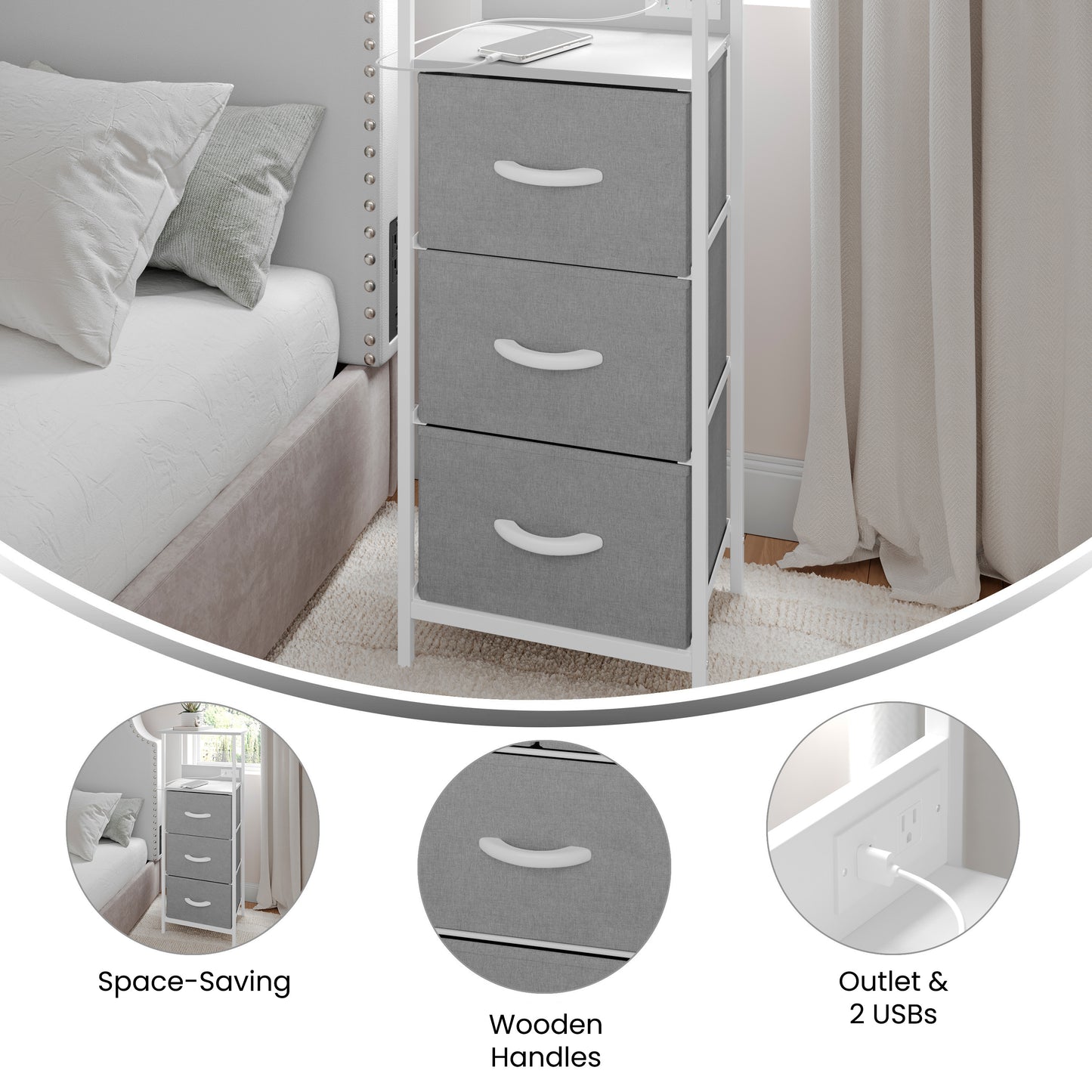Sodano 3 Drawer Nightstand with Charging Station, 2 USB Ports, 1 Outlet, White Metal Frame, White Engineered Wood Top, Gray Drawers, White Handles Gray Drawers/White Frame