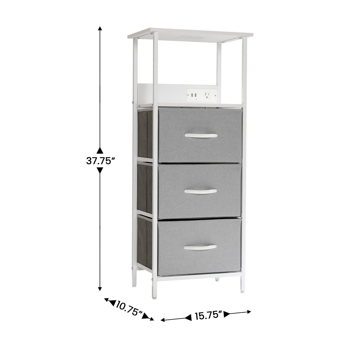 Sodano 3 Drawer Nightstand with Charging Station, 2 USB Ports, 1 Outlet, White Metal Frame, White Engineered Wood Top, Gray Drawers, White Handles Gray Drawers/White Frame
