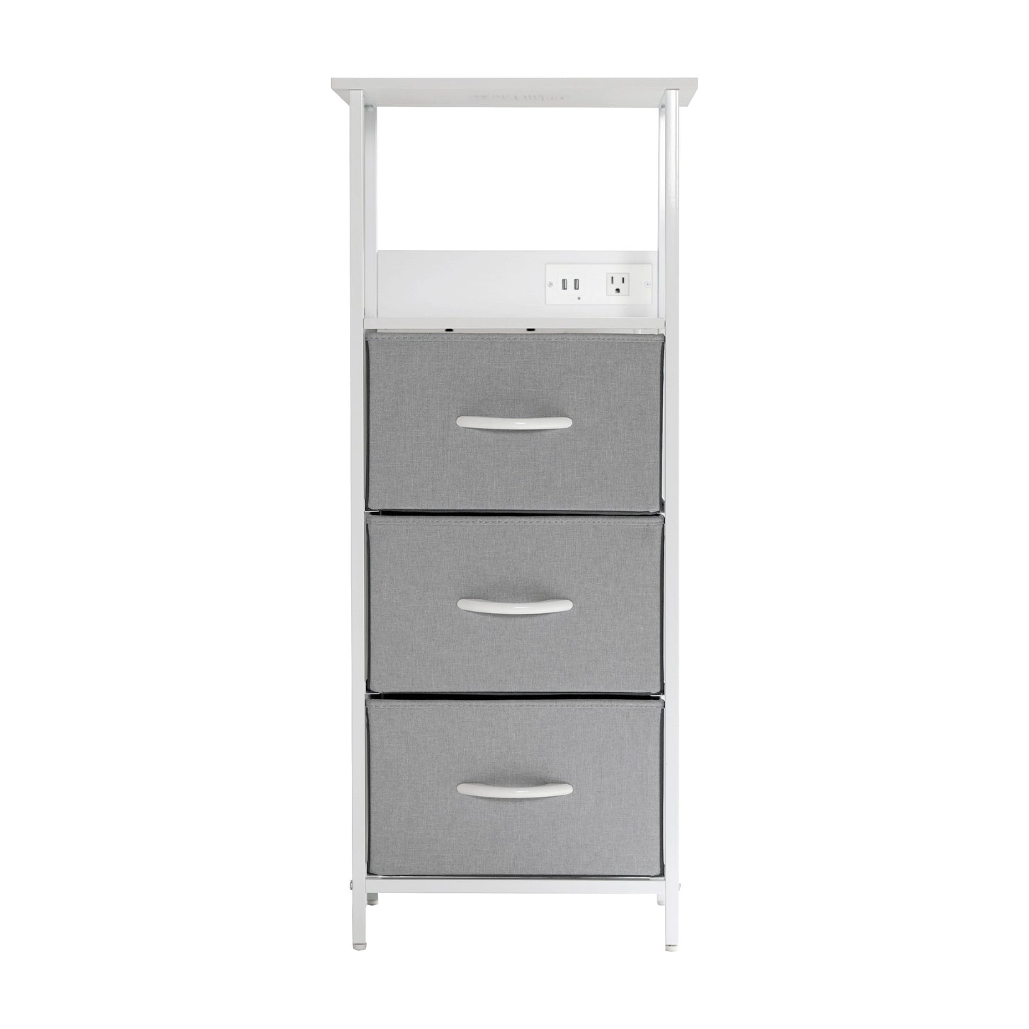 Sodano 3 Drawer Nightstand with Charging Station, 2 USB Ports, 1 Outlet, White Metal Frame, White Engineered Wood Top, Gray Drawers, White Handles Gray Drawers/White Frame
