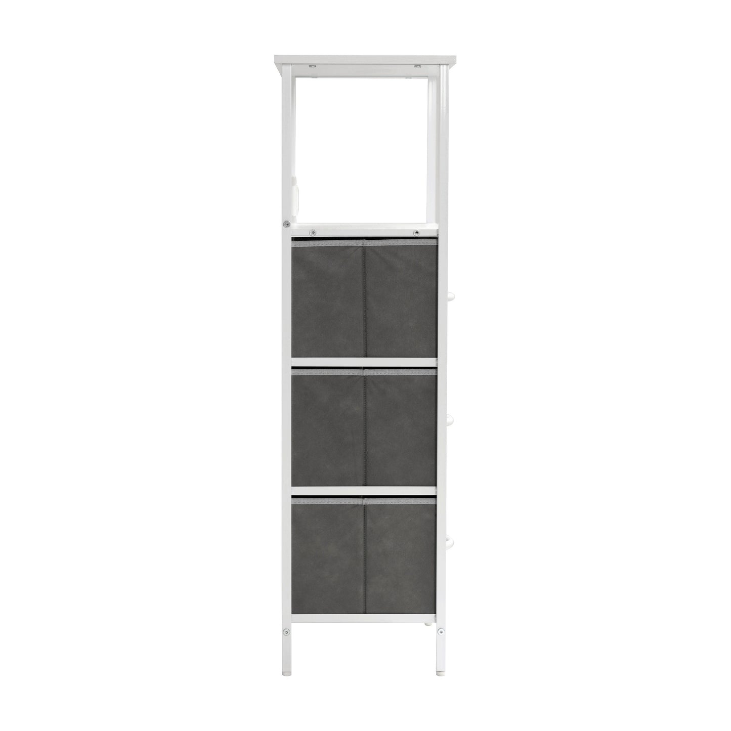 Sodano 3 Drawer Nightstand with Charging Station, 2 USB Ports, 1 Outlet, White Metal Frame, White Engineered Wood Top, Gray Drawers, White Handles Gray Drawers/White Frame