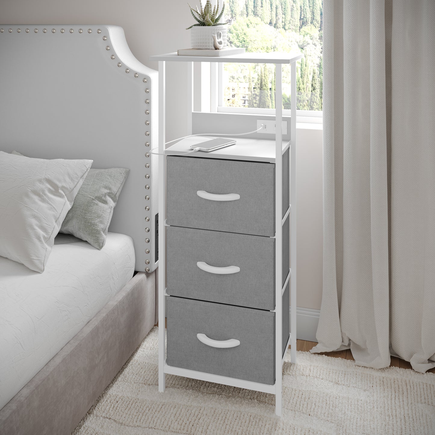 Sodano 3 Drawer Nightstand with Charging Station, 2 USB Ports, 1 Outlet, White Metal Frame, White Engineered Wood Top, Gray Drawers, White Handles Gray Drawers/White Frame