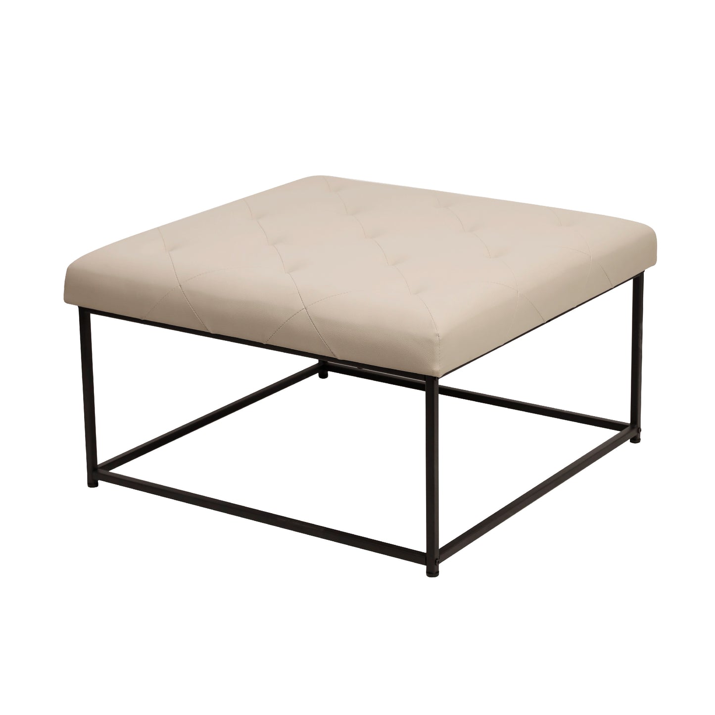 Ashton 30" Square LeatherSoft Tufted Ottoman with Metal Frame, Beige LeatherSoft/Black Frame Beige