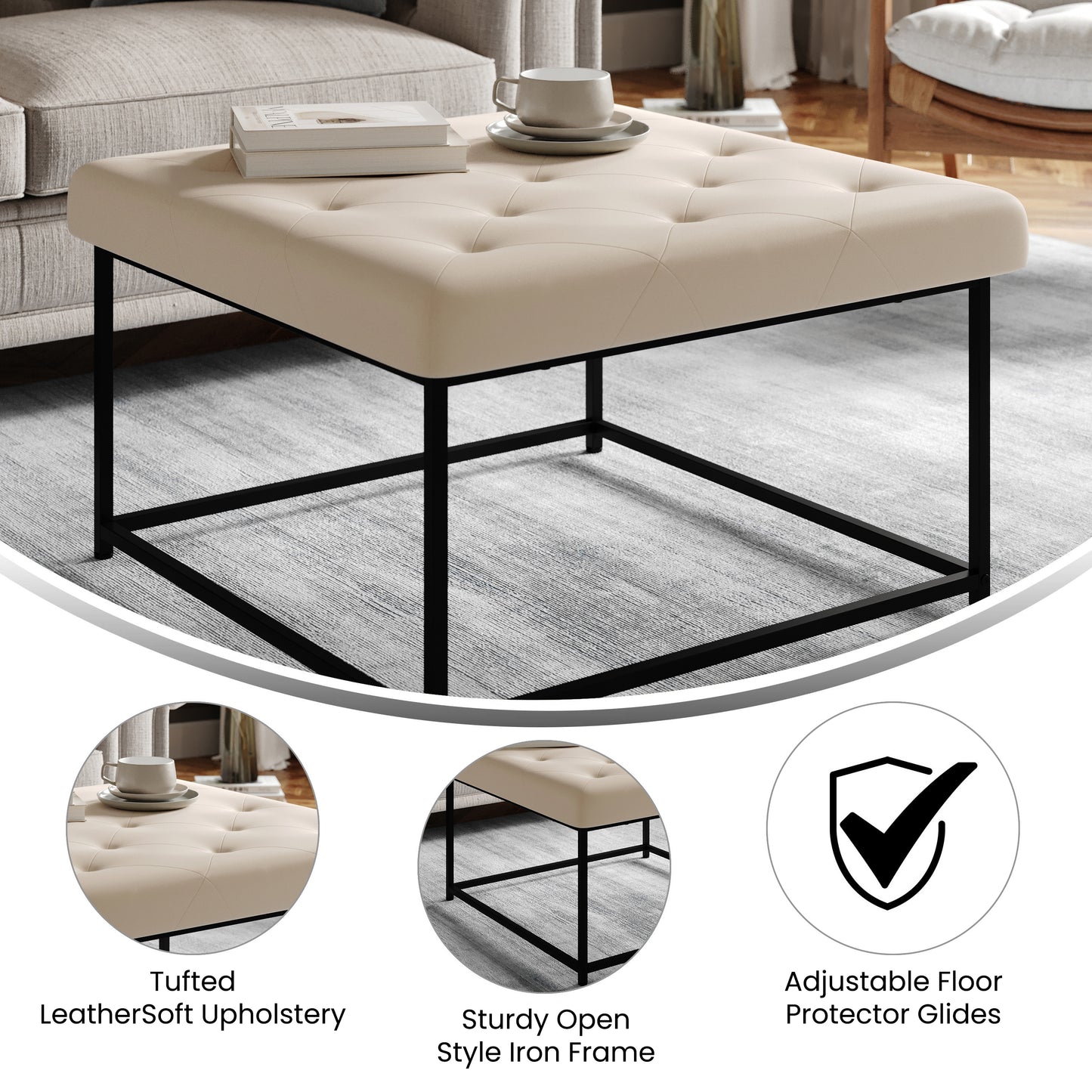 Ashton 30" Square LeatherSoft Tufted Ottoman with Metal Frame, Beige LeatherSoft/Black Frame Beige