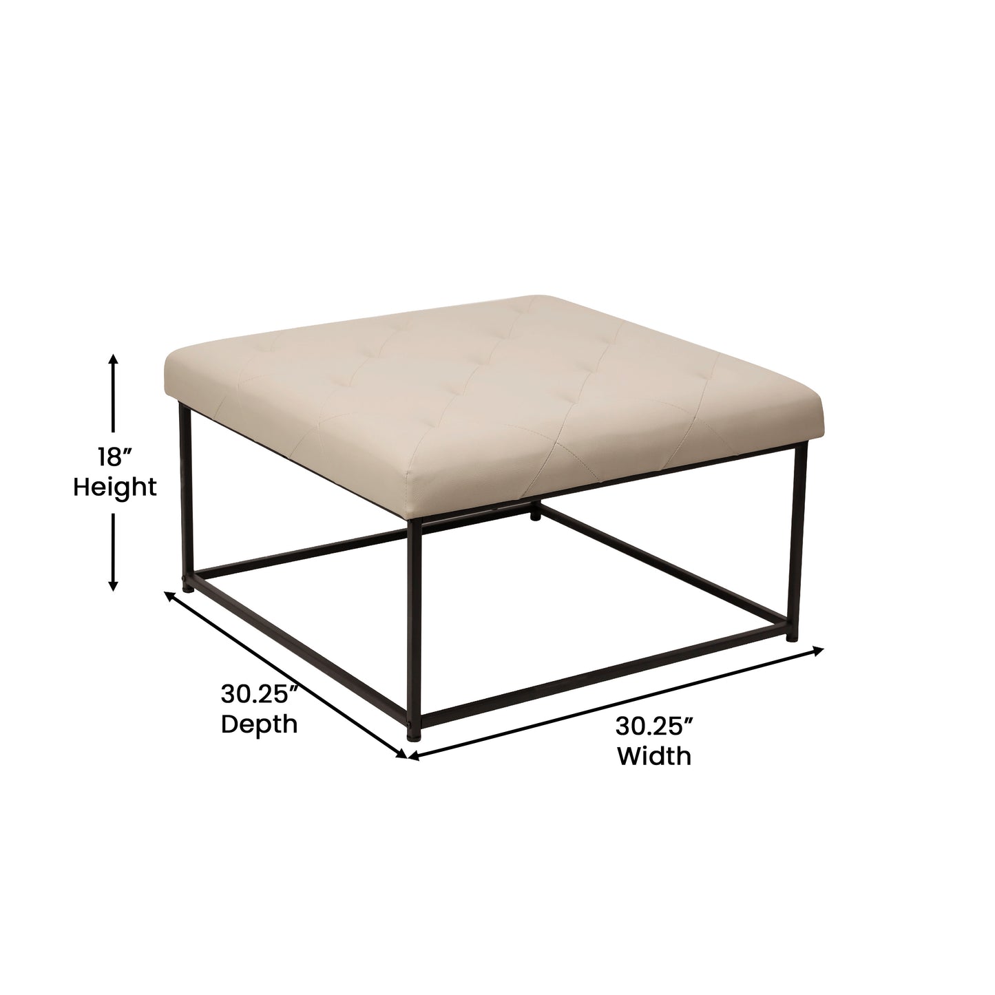 Ashton 30" Square LeatherSoft Tufted Ottoman with Metal Frame, Beige LeatherSoft/Black Frame Beige