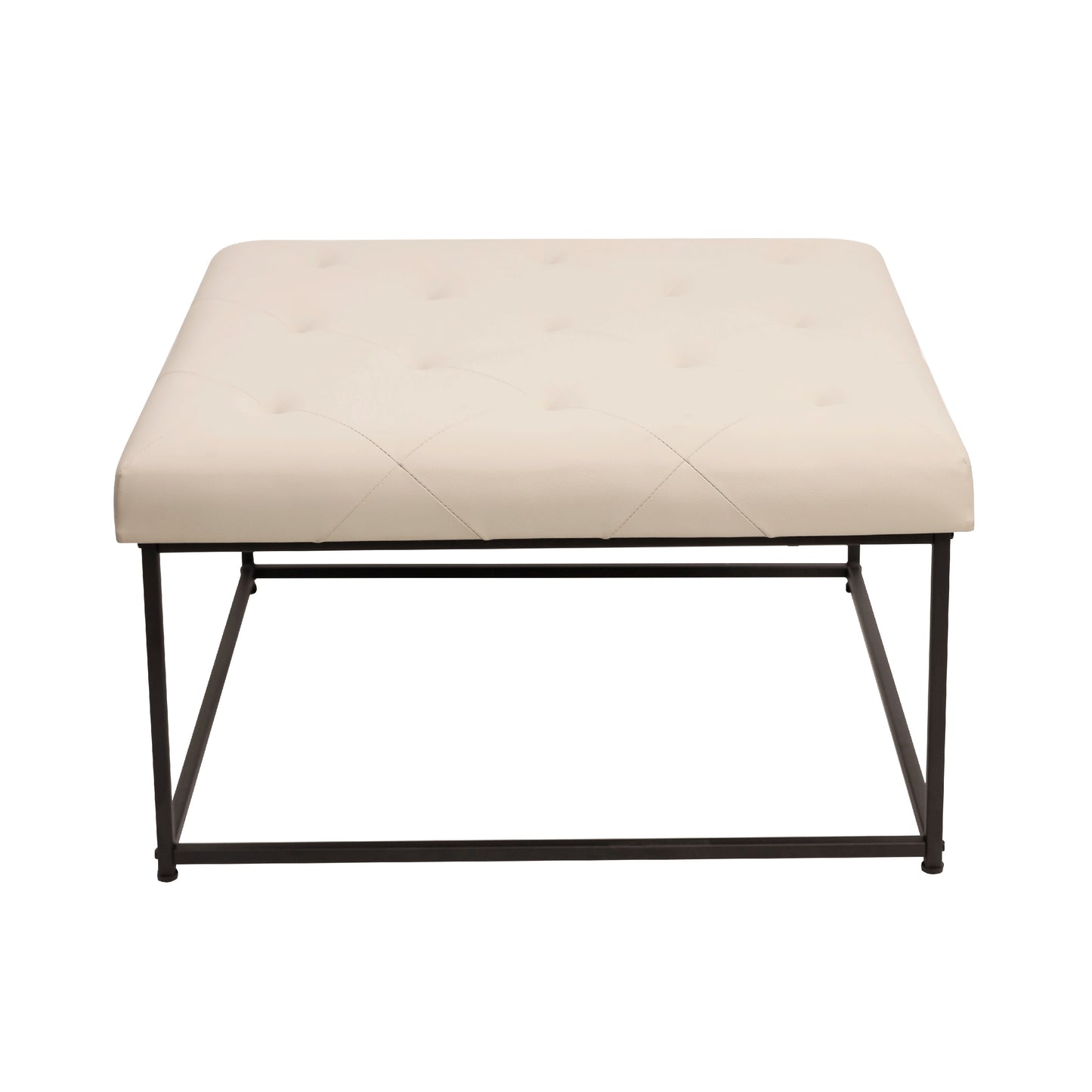 Ashton 30" Square LeatherSoft Tufted Ottoman with Metal Frame, Beige LeatherSoft/Black Frame Beige
