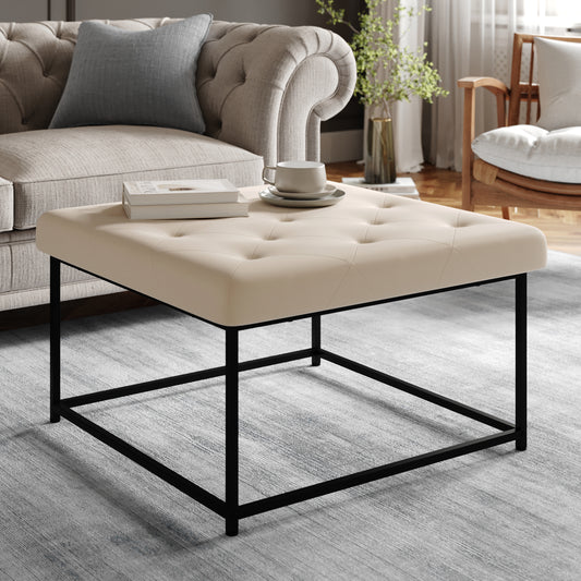 Ashton 30" Square LeatherSoft Tufted Ottoman with Metal Frame, Beige LeatherSoft/Black Frame Beige WX-TY-101-BG-LT-BLK-GG