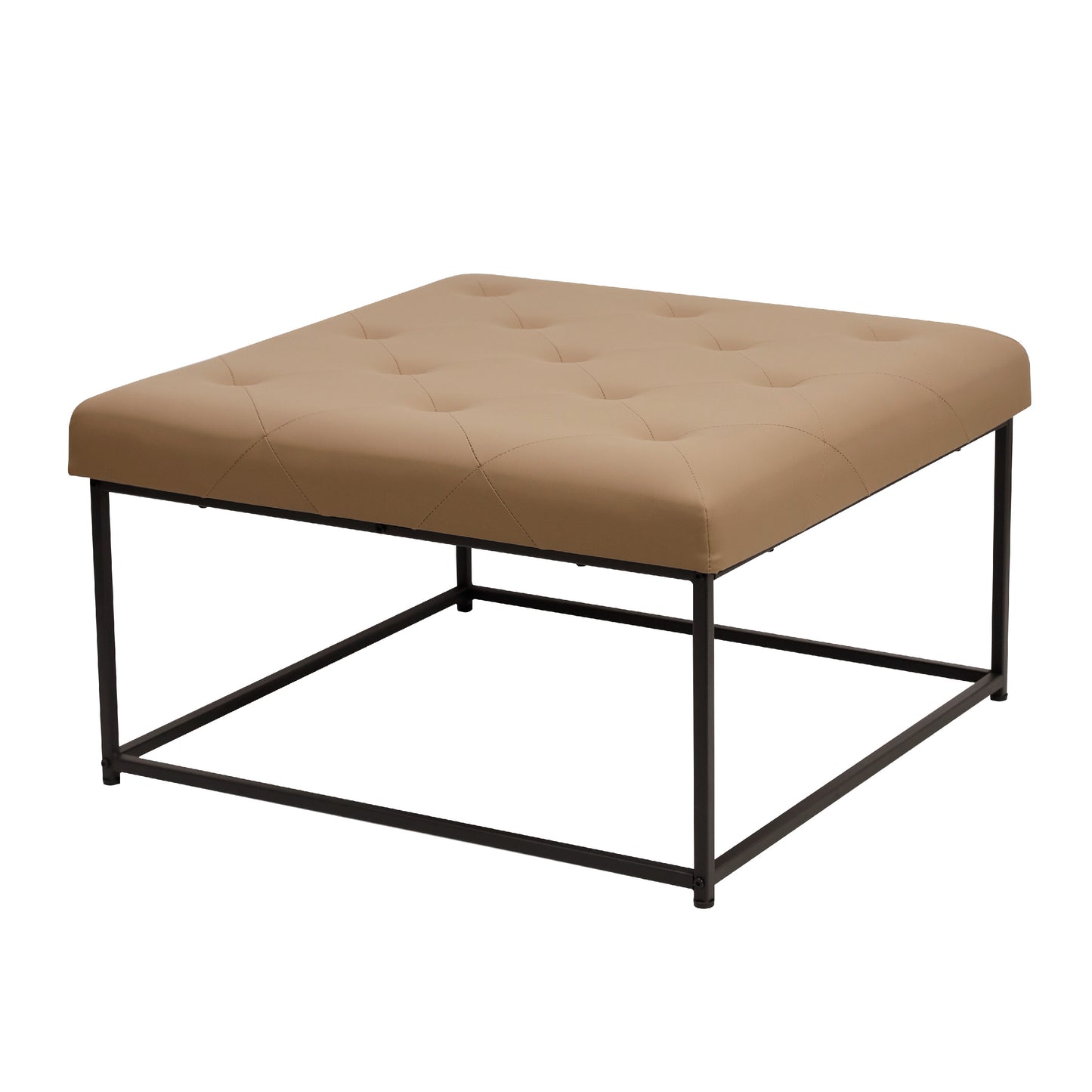 Ashton 30" Square LeatherSoft Tufted Ottoman with Metal Frame, Light Brown LeatherSoft/Black Frame Light Brown