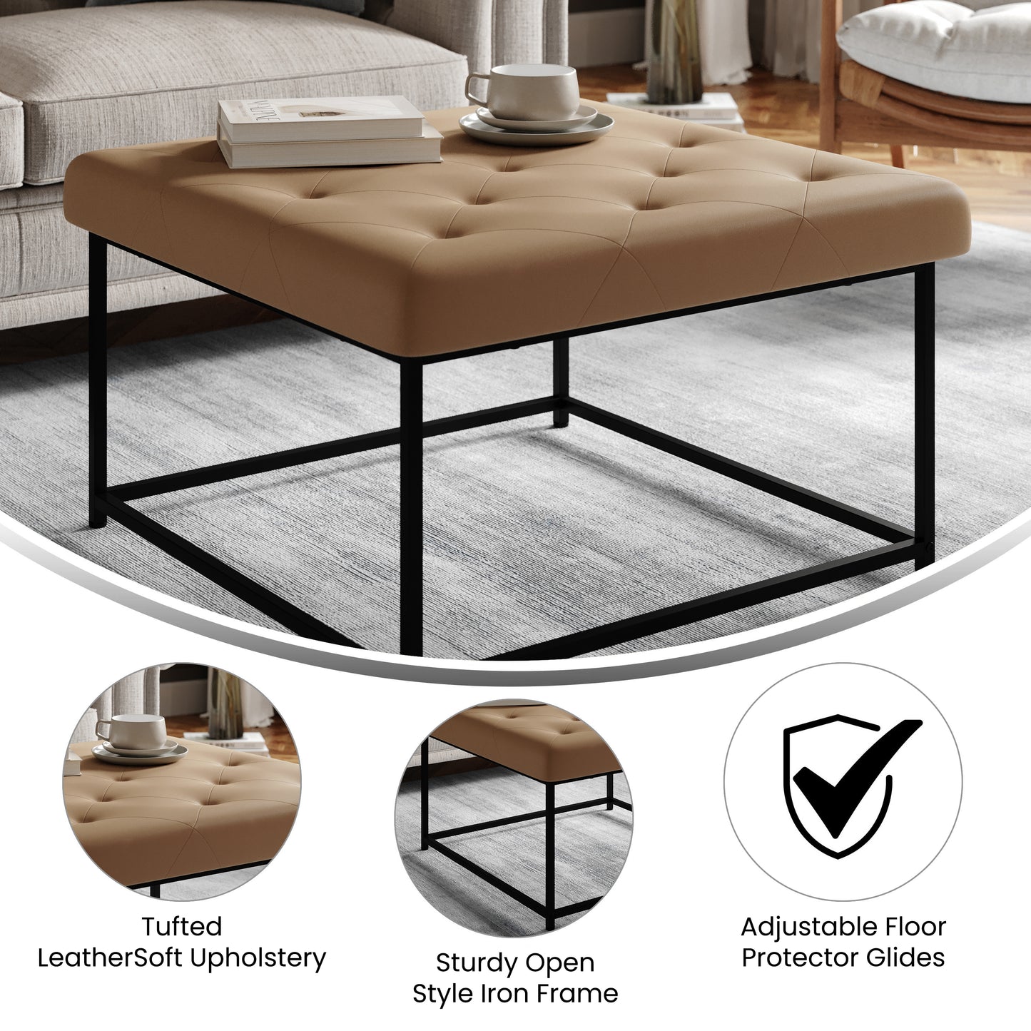 Ashton 30" Square LeatherSoft Tufted Ottoman with Metal Frame, Light Brown LeatherSoft/Black Frame Light Brown
