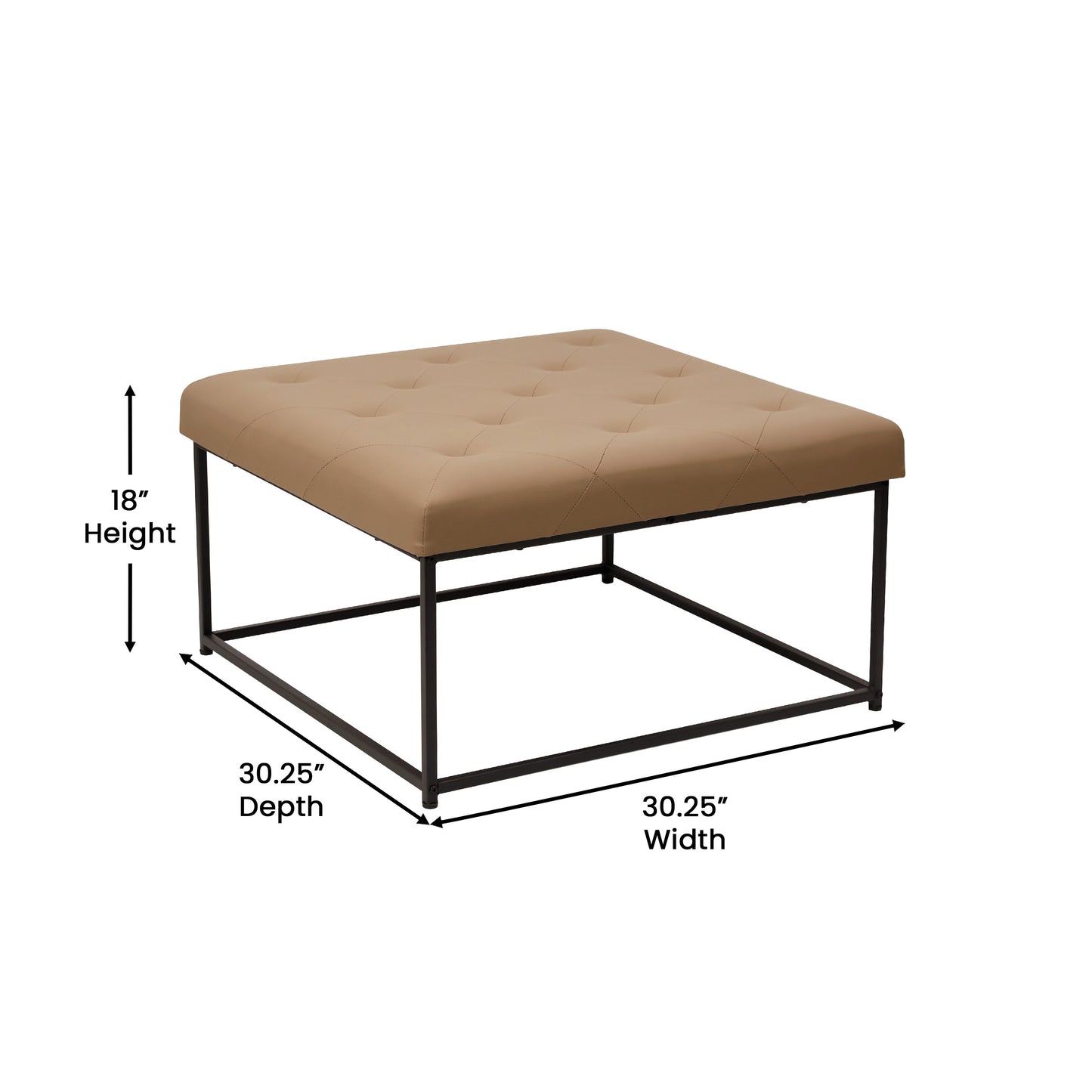 Ashton 30" Square LeatherSoft Tufted Ottoman with Metal Frame, Light Brown LeatherSoft/Black Frame Light Brown