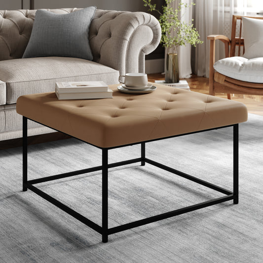 Ashton 30" Square LeatherSoft Tufted Ottoman with Metal Frame, Light Brown LeatherSoft/Black Frame Light Brown WX-TY-101-LTBRN-LT-BLK-GG