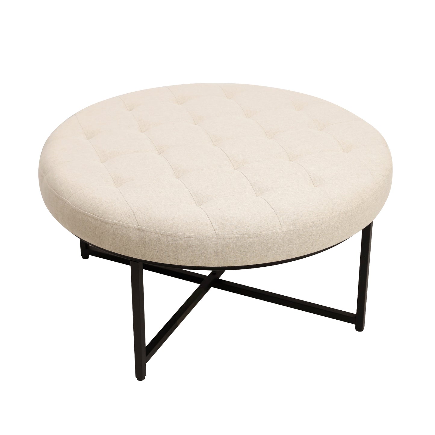 Ashton 34" Round Cotton Linen Tufted Ottoman with Metal Frame, Beige Cotton Linen/Black Frame Beige