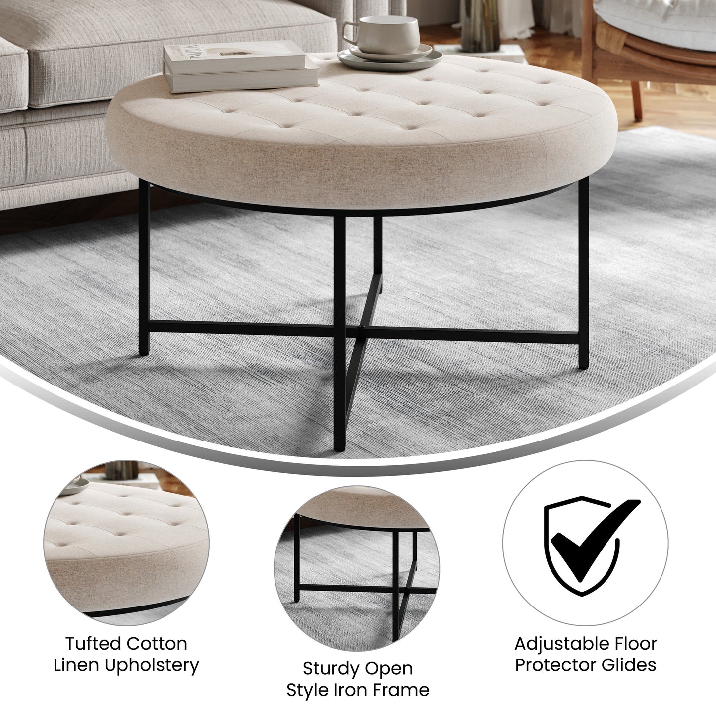 Ashton 34" Round Cotton Linen Tufted Ottoman with Metal Frame, Beige Cotton Linen/Black Frame Beige