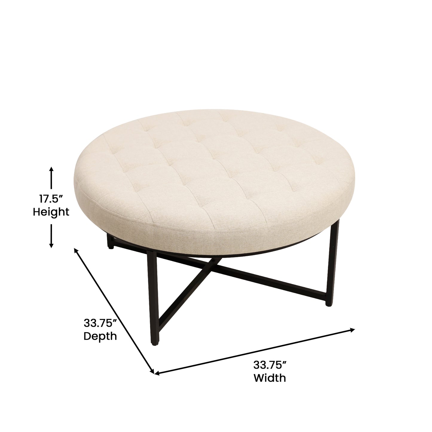 Ashton 34" Round Cotton Linen Tufted Ottoman with Metal Frame, Beige Cotton Linen/Black Frame Beige