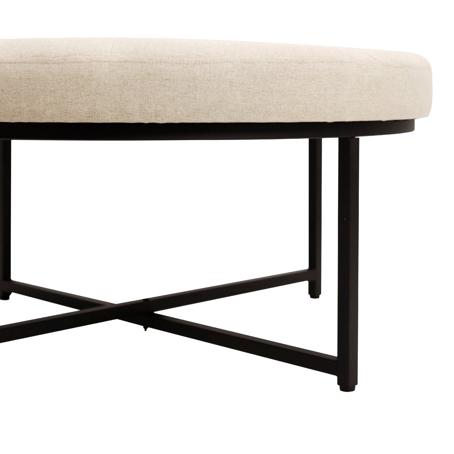 Ashton 34" Round Cotton Linen Tufted Ottoman with Metal Frame, Beige Cotton Linen/Black Frame Beige