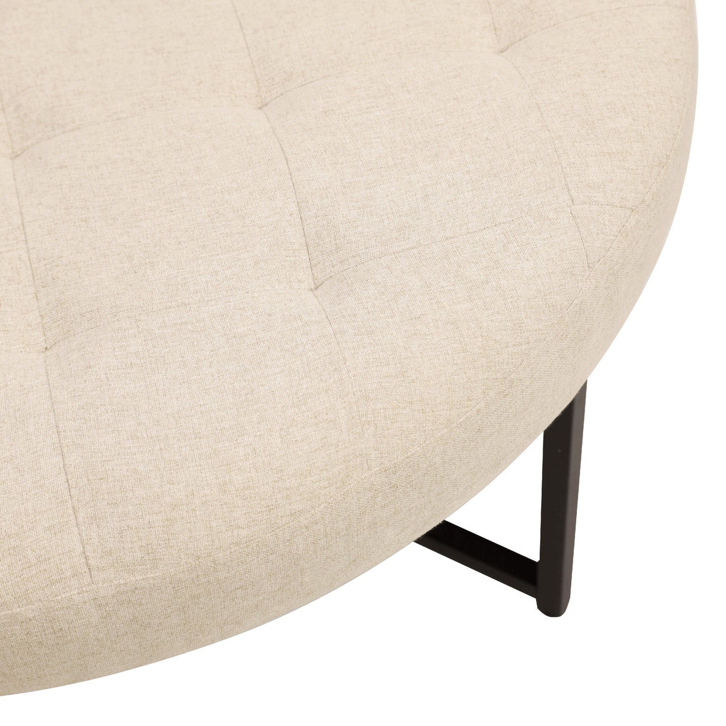 Ashton 34" Round Cotton Linen Tufted Ottoman with Metal Frame, Beige Cotton Linen/Black Frame Beige