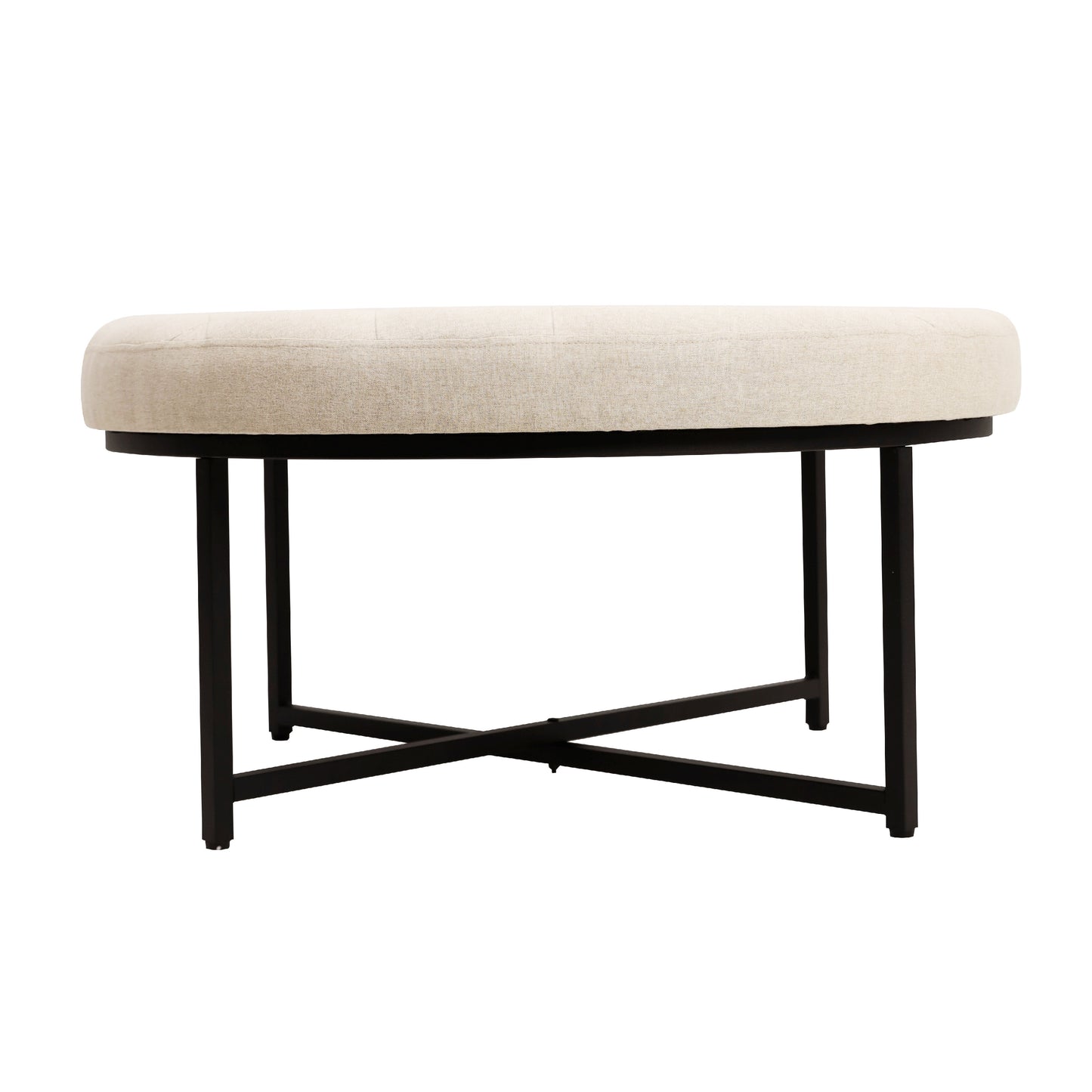Ashton 34" Round Cotton Linen Tufted Ottoman with Metal Frame, Beige Cotton Linen/Black Frame Beige