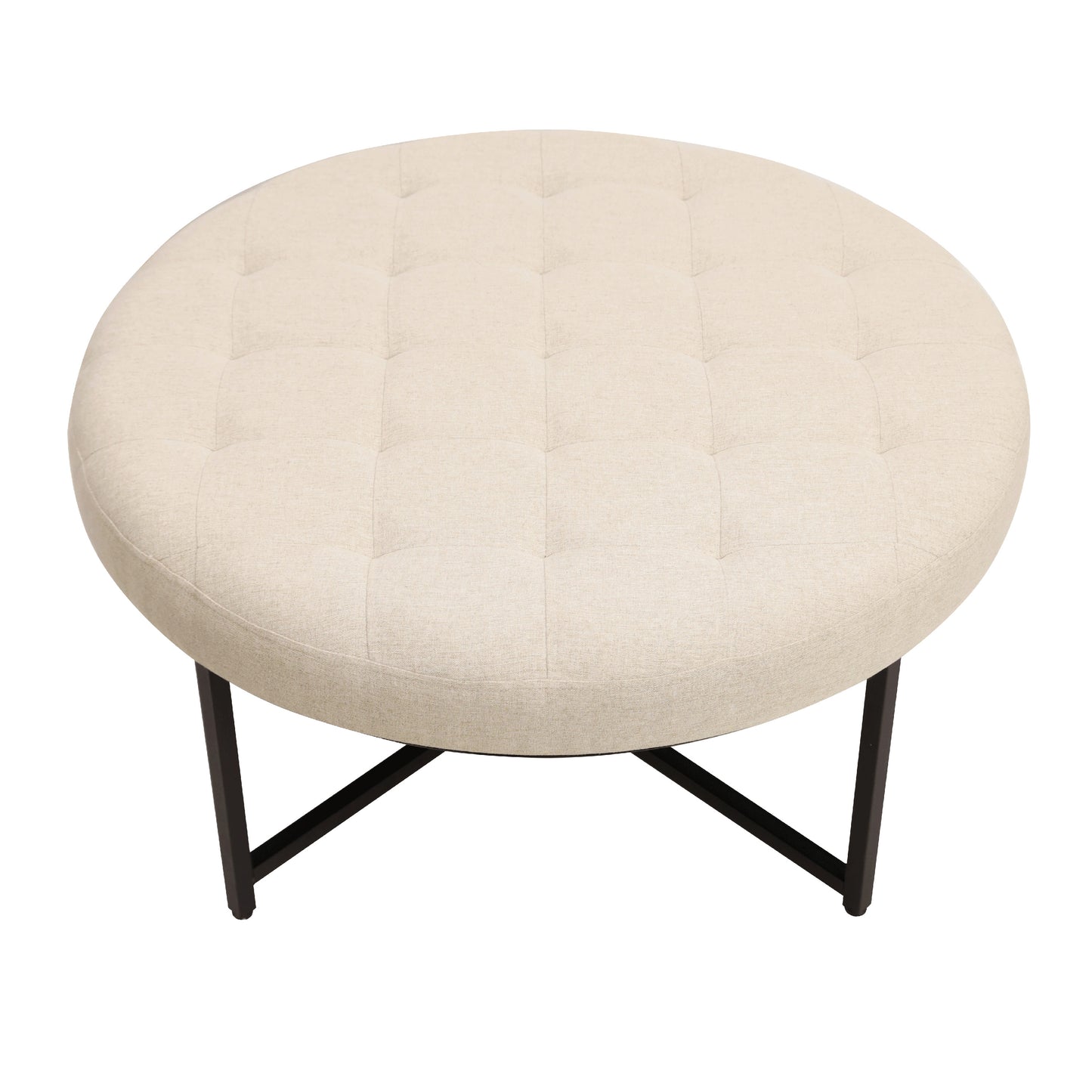 Ashton 34" Round Cotton Linen Tufted Ottoman with Metal Frame, Beige Cotton Linen/Black Frame Beige