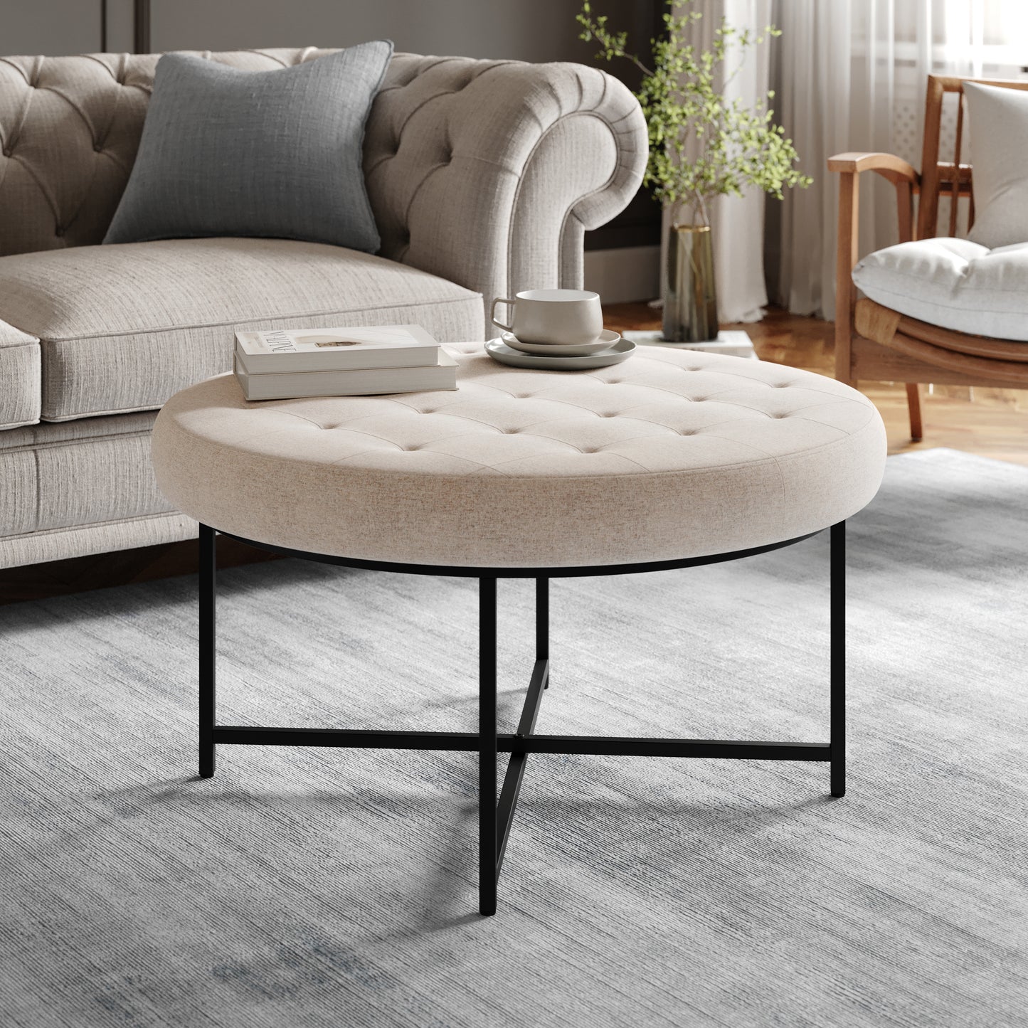 Ashton 34" Round Cotton Linen Tufted Ottoman with Metal Frame, Beige Cotton Linen/Black Frame Beige
