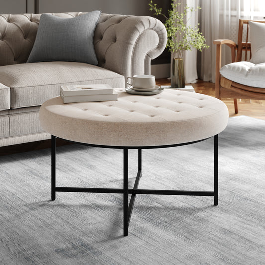 Ashton 34" Round Cotton Linen Tufted Ottoman with Metal Frame, Beige Cotton Linen/Black Frame Beige WX-TY-104-BGE-LN-BLK-GG