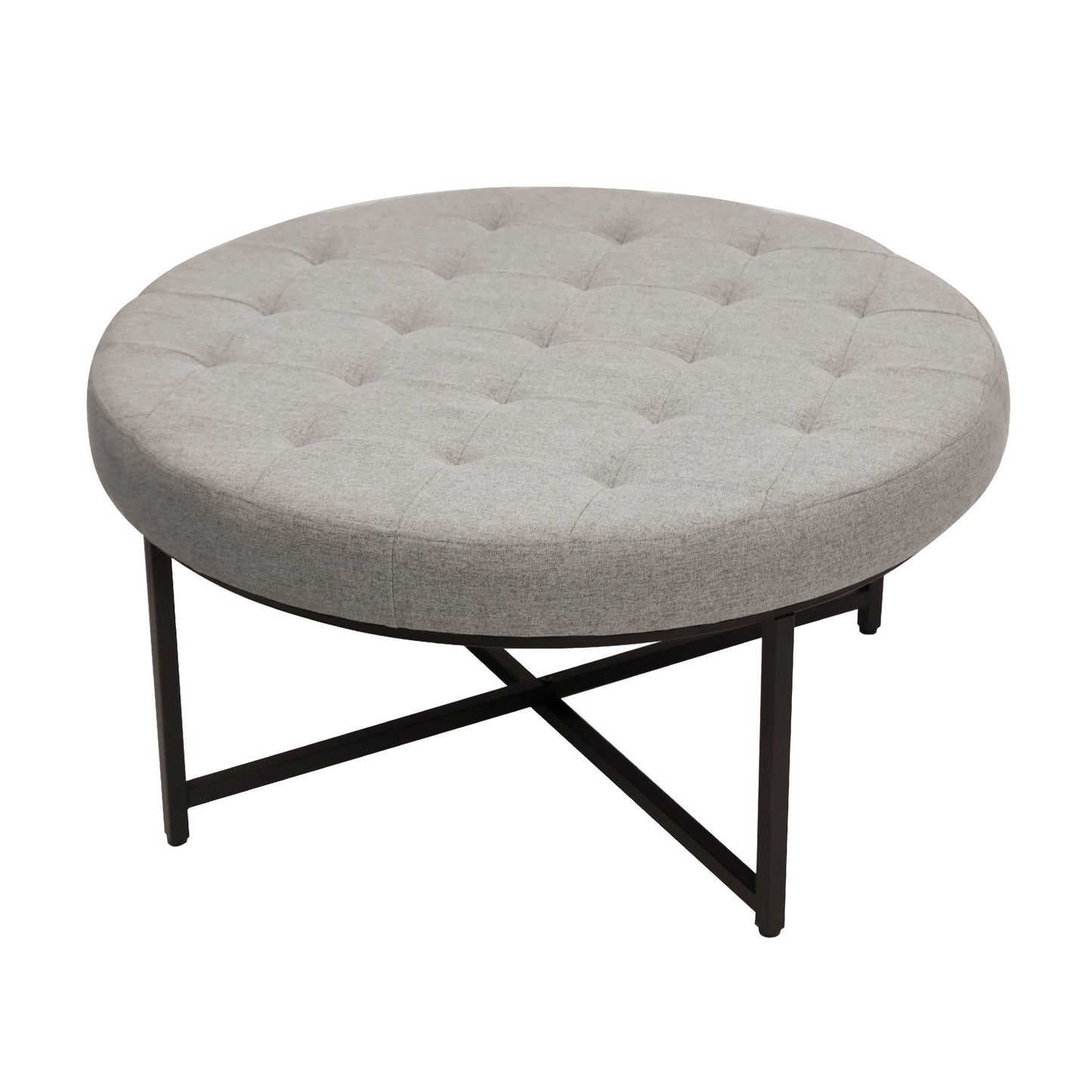 Ashton 34" Round Cotton Linen Tufted Ottoman with Metal Frame, Gray Cotton Linen/Black Frame Gray