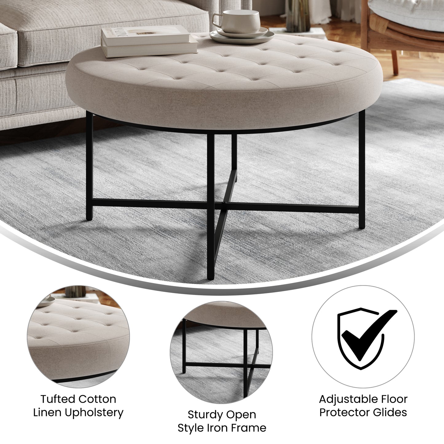 Ashton 34" Round Cotton Linen Tufted Ottoman with Metal Frame, Gray Cotton Linen/Black Frame Gray
