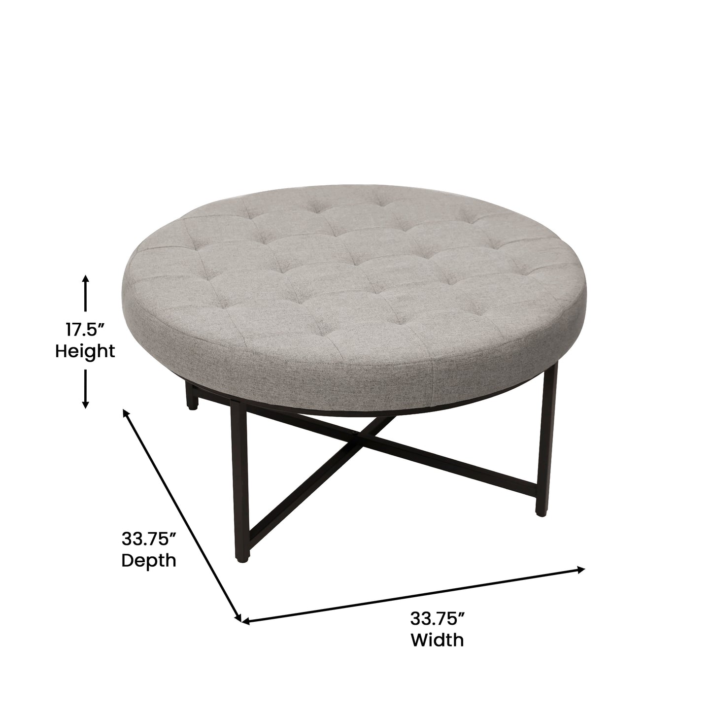Ashton 34" Round Cotton Linen Tufted Ottoman with Metal Frame, Gray Cotton Linen/Black Frame Gray