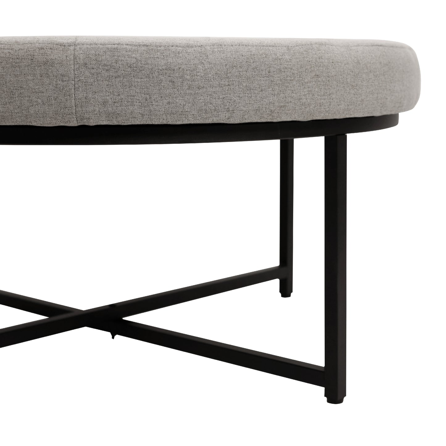 Ashton 34" Round Cotton Linen Tufted Ottoman with Metal Frame, Gray Cotton Linen/Black Frame Gray