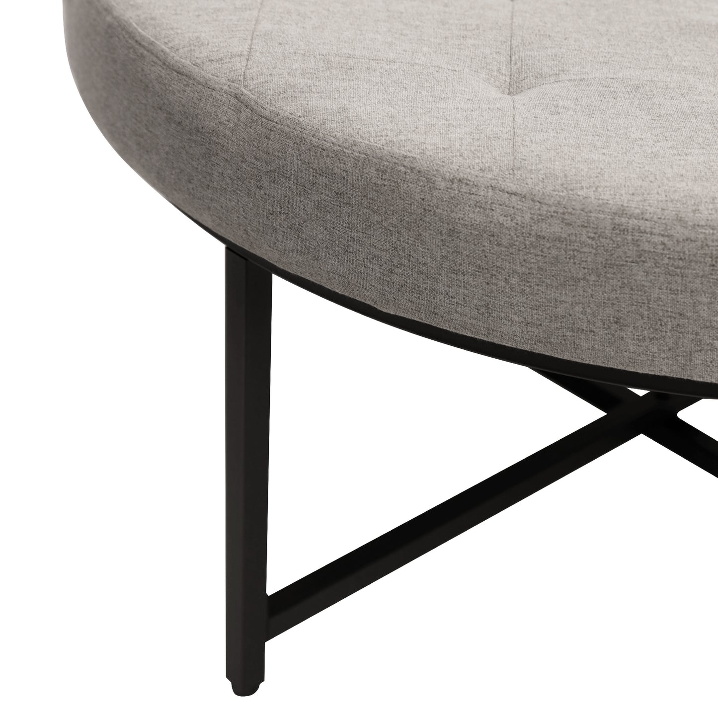 Ashton 34" Round Cotton Linen Tufted Ottoman with Metal Frame, Gray Cotton Linen/Black Frame Gray