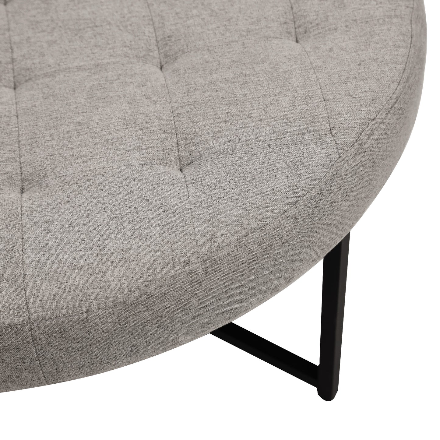 Ashton 34" Round Cotton Linen Tufted Ottoman with Metal Frame, Gray Cotton Linen/Black Frame Gray