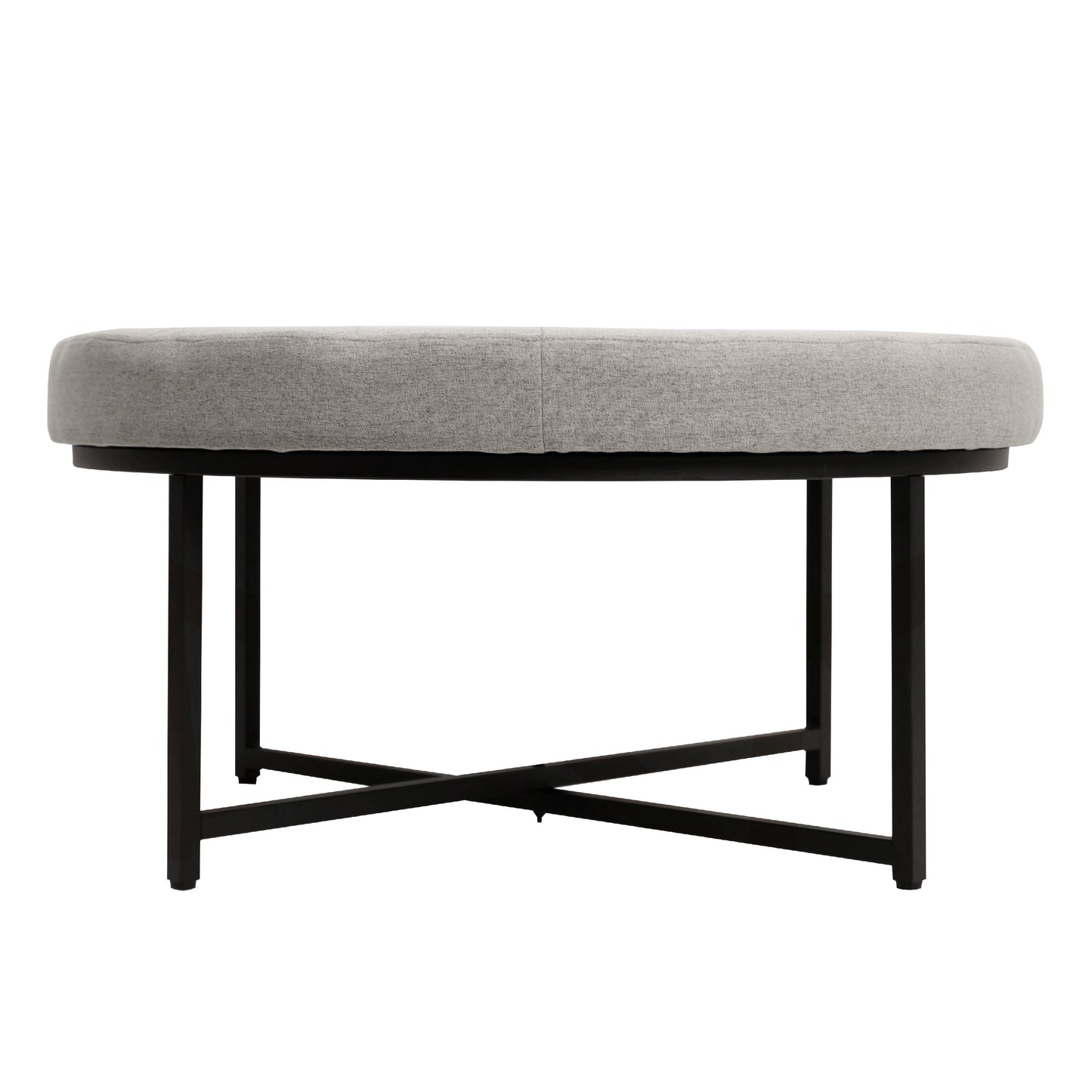 Ashton 34" Round Cotton Linen Tufted Ottoman with Metal Frame, Gray Cotton Linen/Black Frame Gray