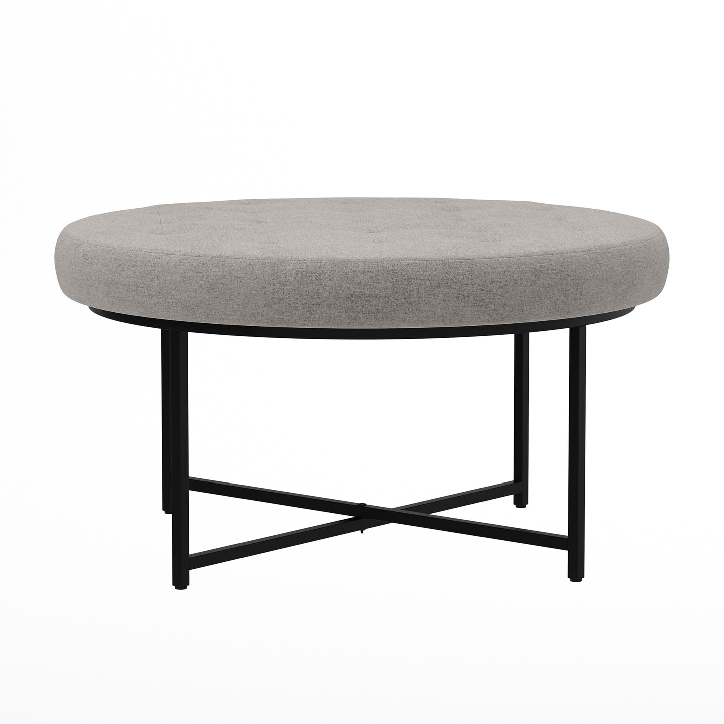 Ashton 34" Round Cotton Linen Tufted Ottoman with Metal Frame, Gray Cotton Linen/Black Frame Gray