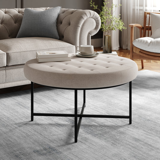 Ashton 34" Round Cotton Linen Tufted Ottoman with Metal Frame, Gray Cotton Linen/Black Frame Gray WX-TY-104-GRY-LN-BLK-GG