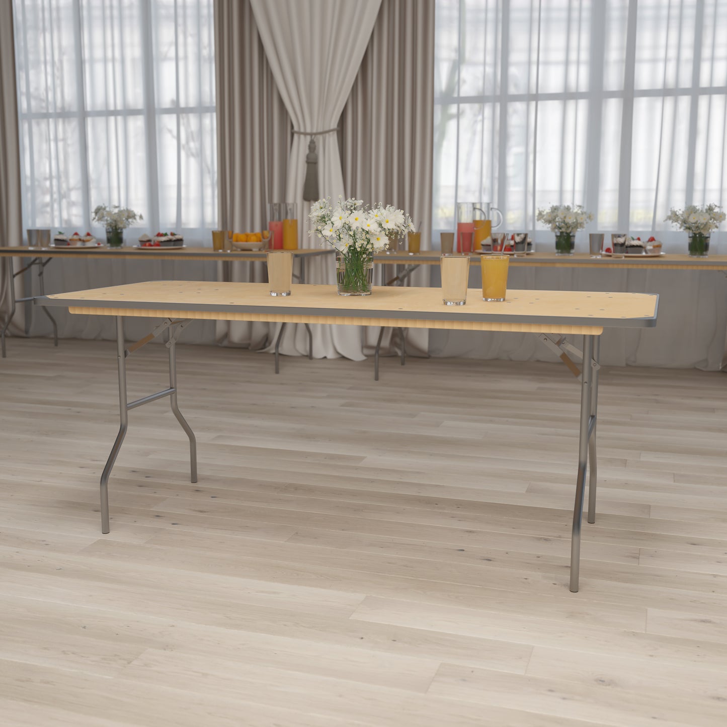 Fielder 6-Foot Rectangular HEAVY DUTY Birchwood Folding Banquet Table with METAL Edges and Protective Corner Guards Natural