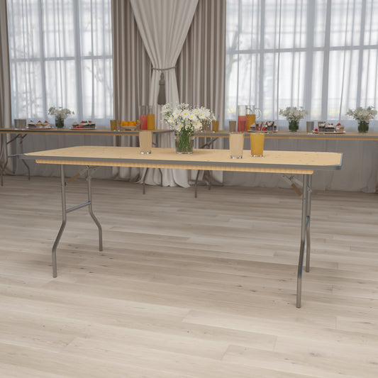 Fielder 6-Foot Rectangular HEAVY DUTY Birchwood Folding Banquet Table with METAL Edges and Protective Corner Guards Natural