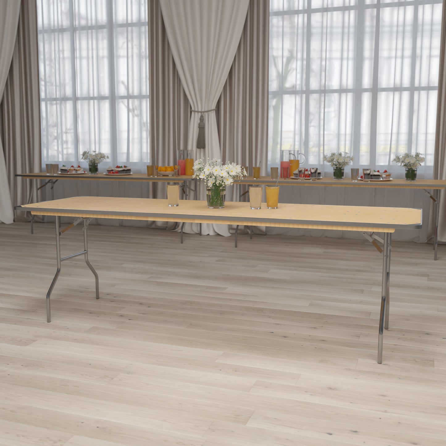 Fielder 8-Foot Rectangular HEAVY DUTY Birchwood Folding Banquet Table with METAL Edges and Protective Corner Guards Natural