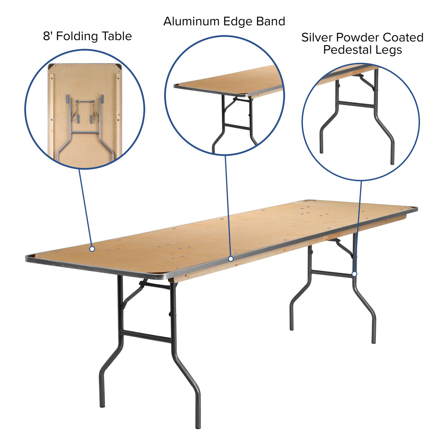 Fielder 8-Foot Rectangular HEAVY DUTY Birchwood Folding Banquet Table with METAL Edges and Protective Corner Guards Natural