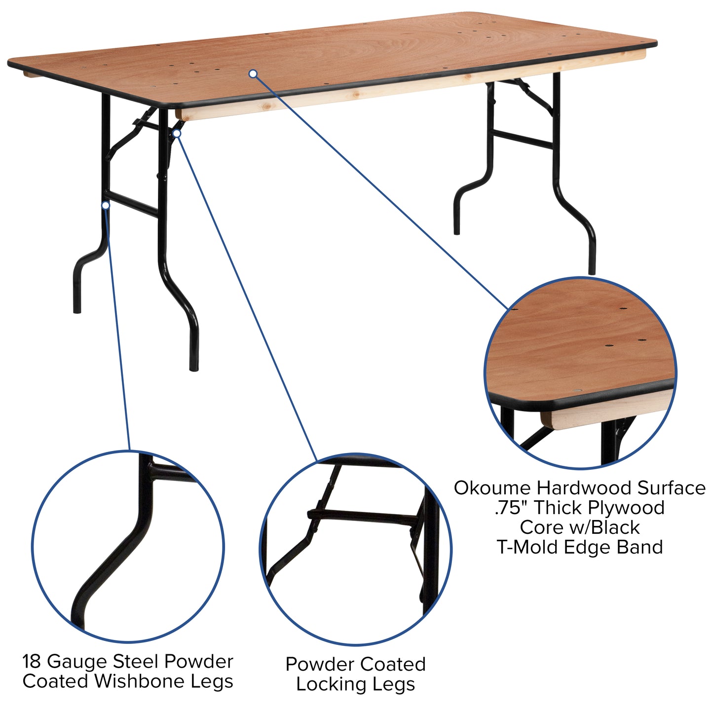 Fielder 6-Foot Rectangular Wood Folding Banquet Table with Clear Coated Finished Top Natural XA-3672-P-GG