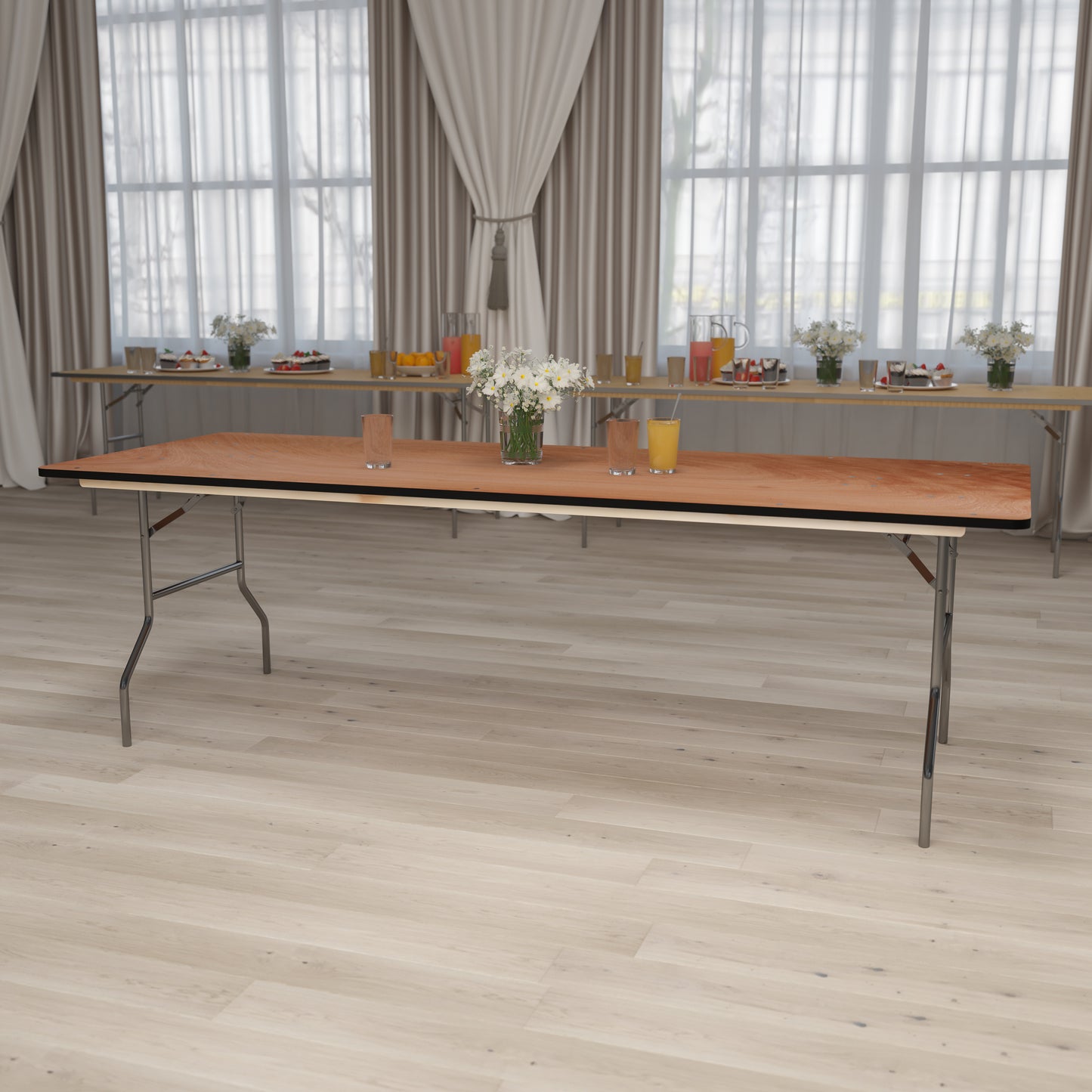 Fielder 8-Foot Rectangular Wood Folding Banquet Table with Clear Coated Finished Top Natural XA-3696-P-GG