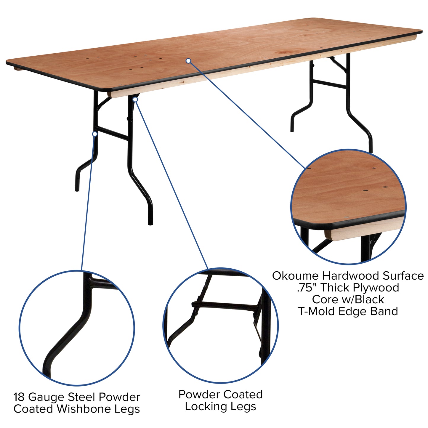 Fielder 8-Foot Rectangular Wood Folding Banquet Table with Clear Coated Finished Top Natural XA-3696-P-GG