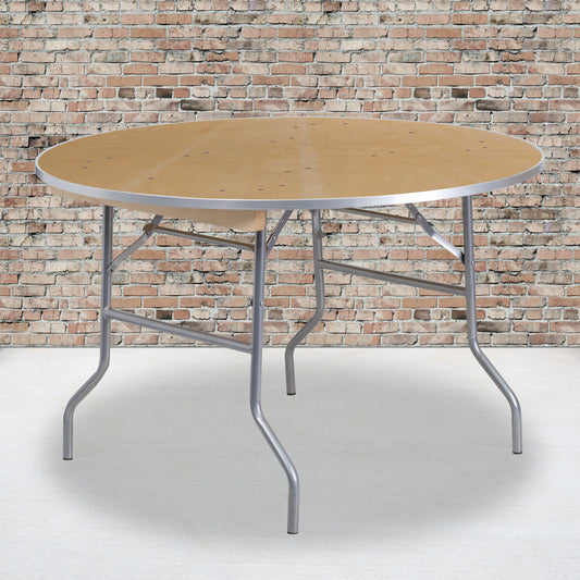Fielder 4-Foot Round HEAVY DUTY Birchwood Folding Banquet Table with METAL Edges Natural