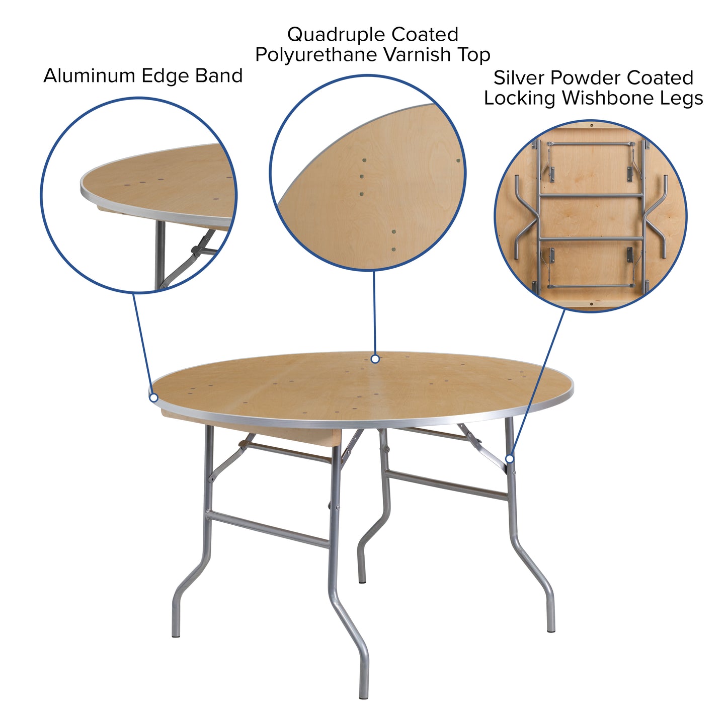 Fielder 4-Foot Round HEAVY DUTY Birchwood Folding Banquet Table with METAL Edges Natural