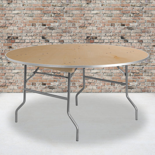 Fielder 5-Foot Round HEAVY DUTY Birchwood Folding Banquet Table with METAL Edges Natural